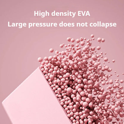 Blue EVA foam yoga block on a yoga mat, showing 23x15x7.6cm dimensions and textured surface for grip