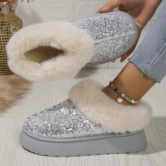 Sequined plush slippers with thick soles for winter warmth in blue, gold, black, and pink