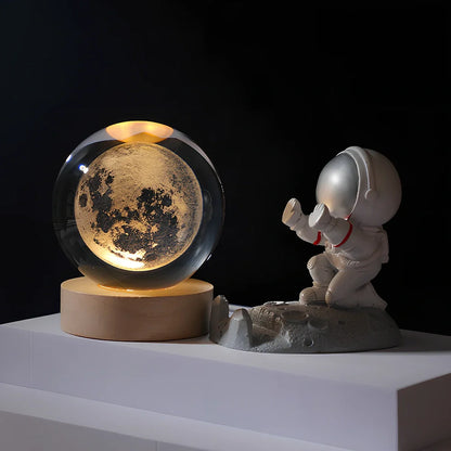 Cosmos Series 8cm crystal ball night light on wooden base with astronaut pusher projecting Milky Way pattern