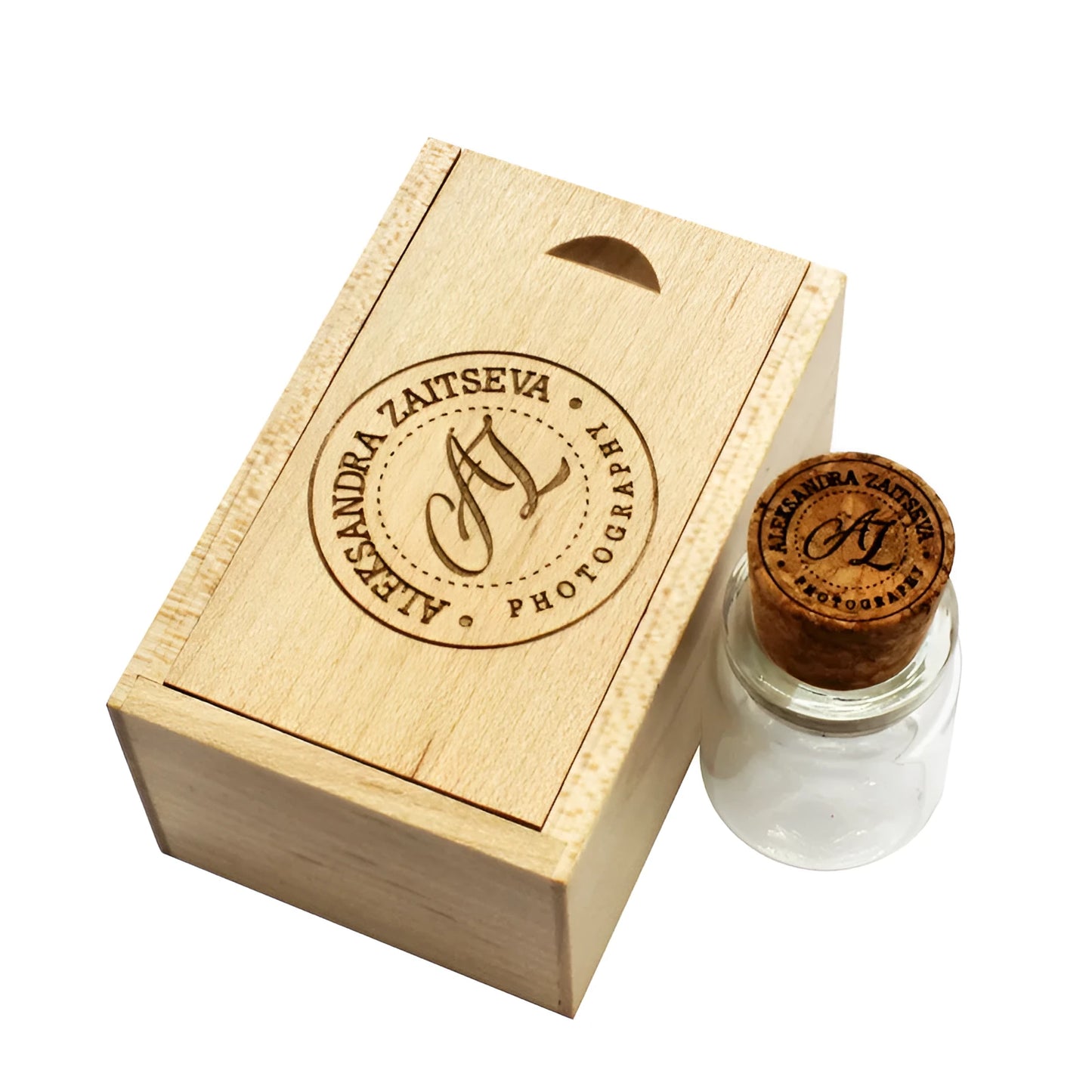 Chocolate brown wooden USB flash drive with personalised lettering and drift bottle storage design