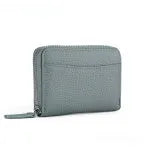 Genuine leather men's and women's zipper coin storage purse in black with sewing line detail.