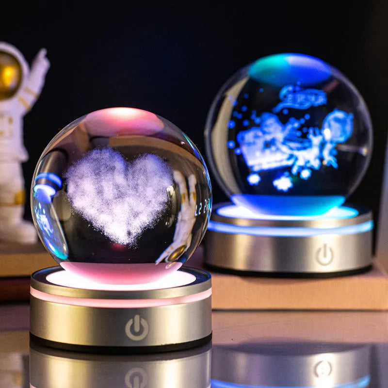 3D inner carving luminous crystal ball night lamp with 8cm white crystal and round touch USB base