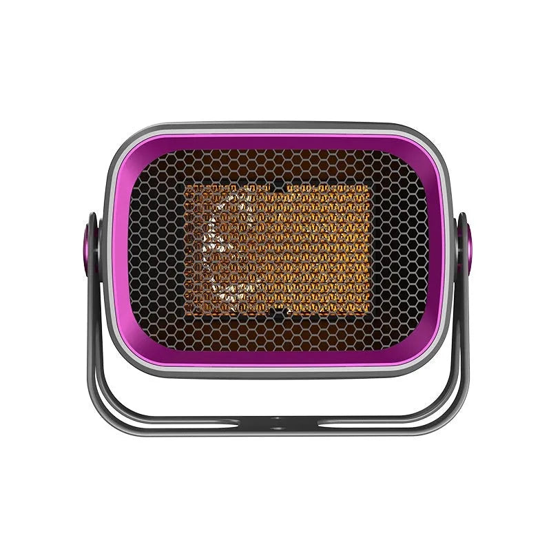 White desktop heater with PTC ceramic heating, two fan speeds, and rotatable body on a wooden desk