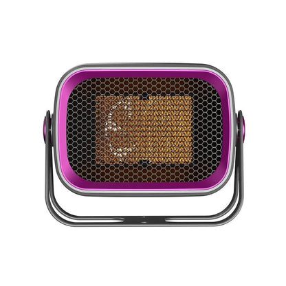 White desktop heater with PTC ceramic heating, two fan speeds, and rotatable body on a wooden desk