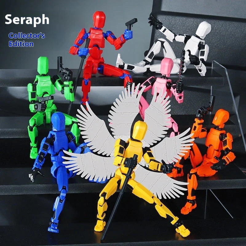 Highly posable 3D printed robot mannequin toy with interchangeable accessories, including wings and weapons