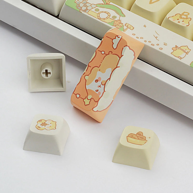 Mechanical keyboard keycaps in custard design with cute characters for 68 75 98 100 column mechanical keyboards available in mouse my grey original factory, mouse my grey XDA, or mouse my yellow XDA colourways with 20cm length plastic construction