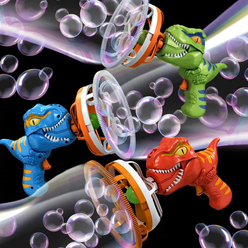 Dinosaur-shaped bubble machine for kids with red, blue, and green options
