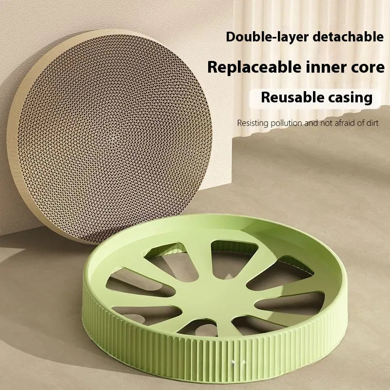 Round green cat scratching board measuring 55cm with corrugated paper surface and two replacement refills