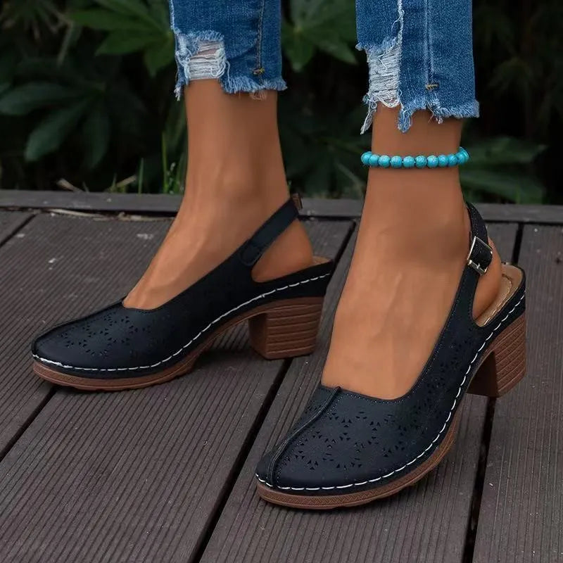 Women's closed toe wedge sandals in black, creamy-white, wine red, blue, and brown colours