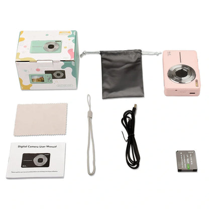 Children's mini digital camera in black, pink, and green with HD video and photo capabilities