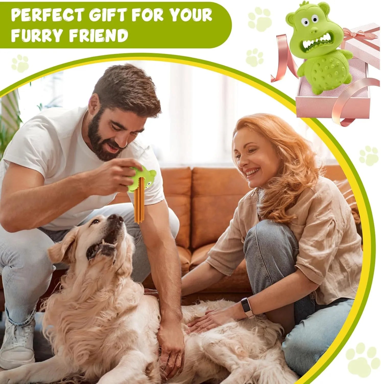 Green and yellow natural rubber dog toy for aggressive chewers with rounded design