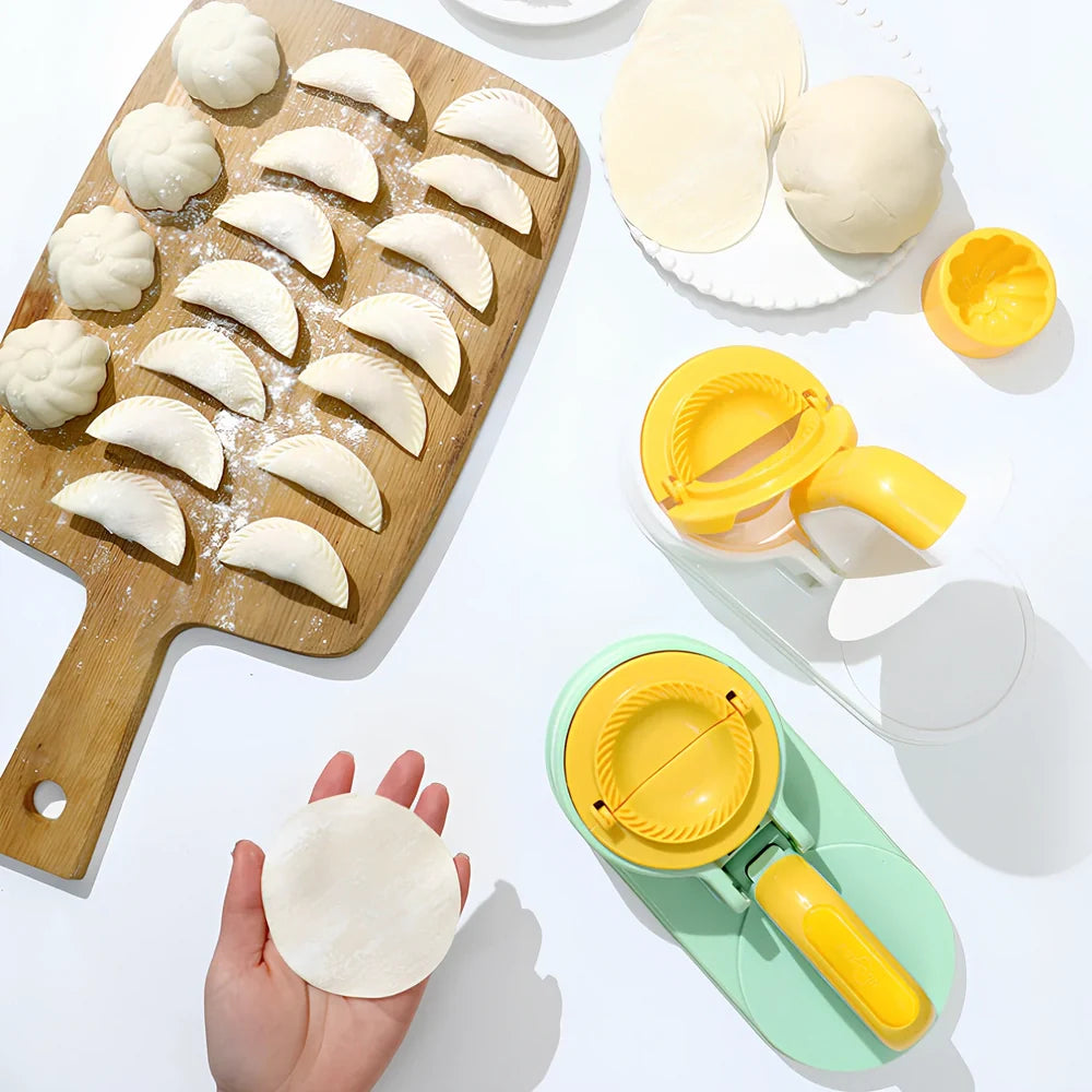 Green dumpling wrapper press machine creating uniform 8cm dough circles on kitchen counter