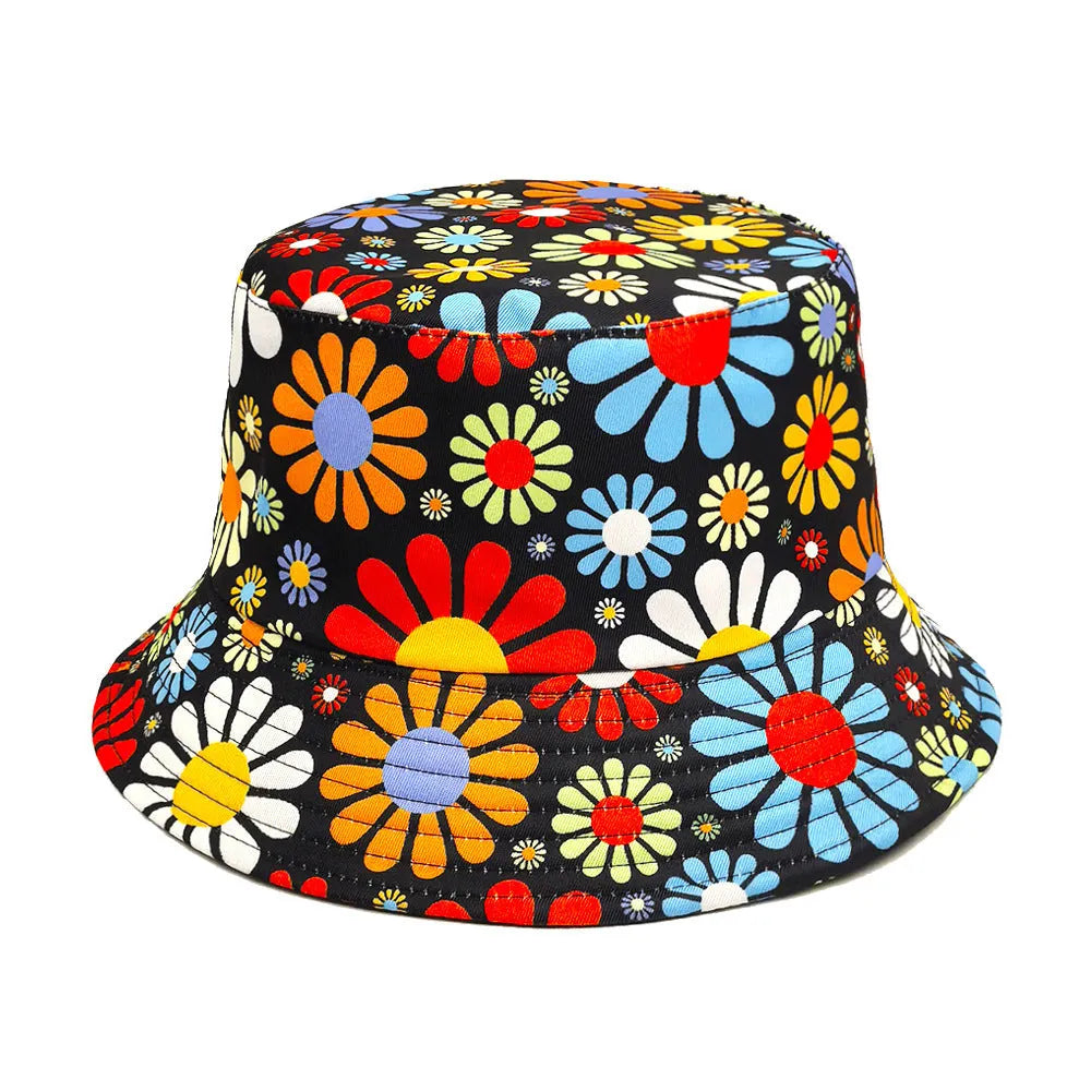 Colourful flower print polyester bucket hat with dome crown design