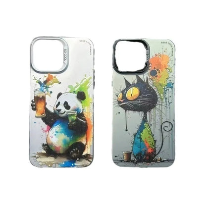 Personalized frosted PC phone case with cartoon panda and pig design for Apple iPhone, anti-fall hard shell