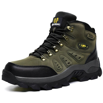 Army green waterproof hiking shoes with front tie closure and cotton lining for outdoor sports