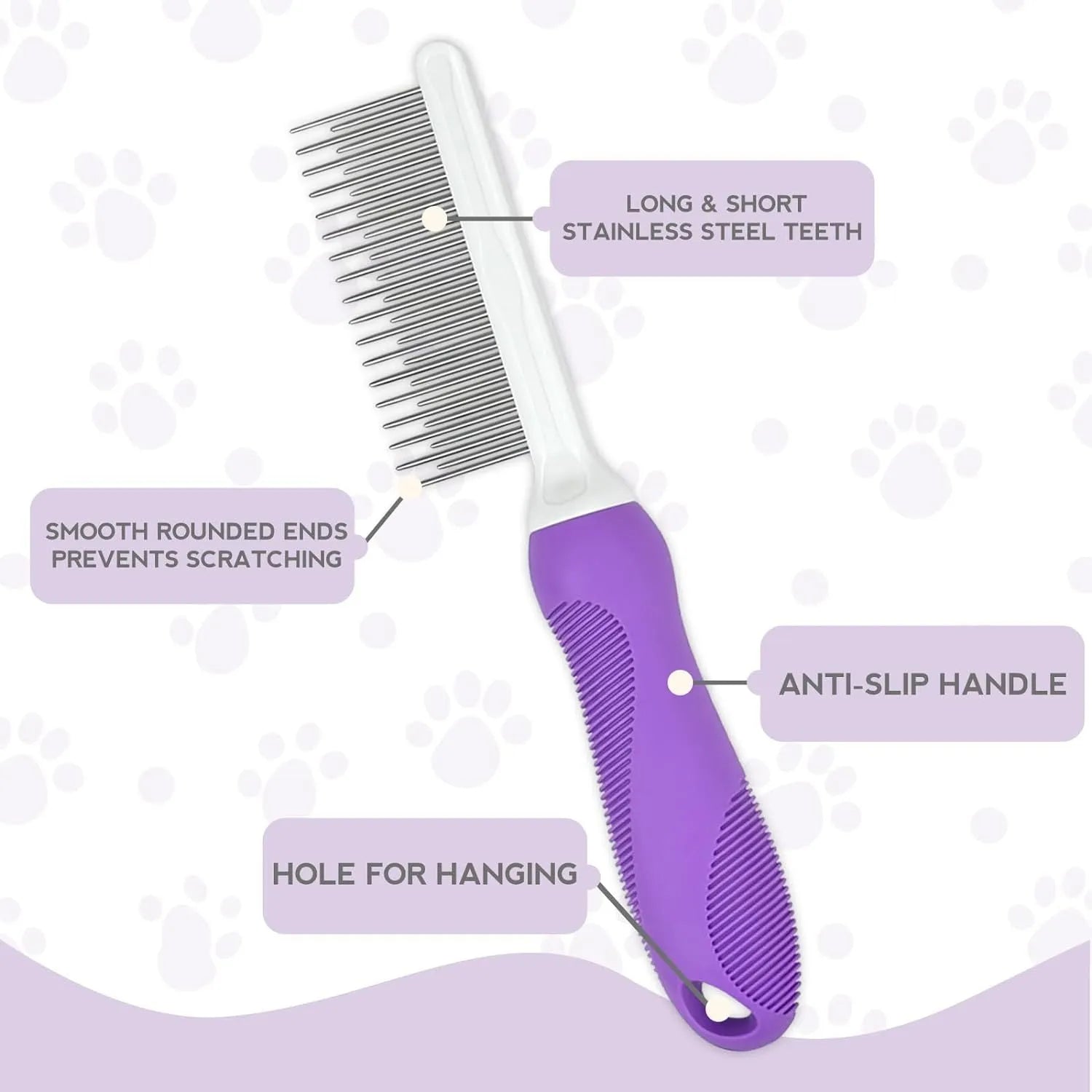 Purple detangling pet comb with stainless steel teeth for grooming dogs and cats, showing ergonomic handle.