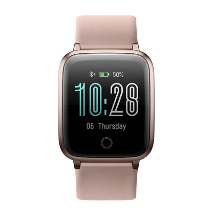 1.3 inch TFT smartwatch with silicone wristband in black, blue, or pink, showing touchscreen and magnetic charging cable