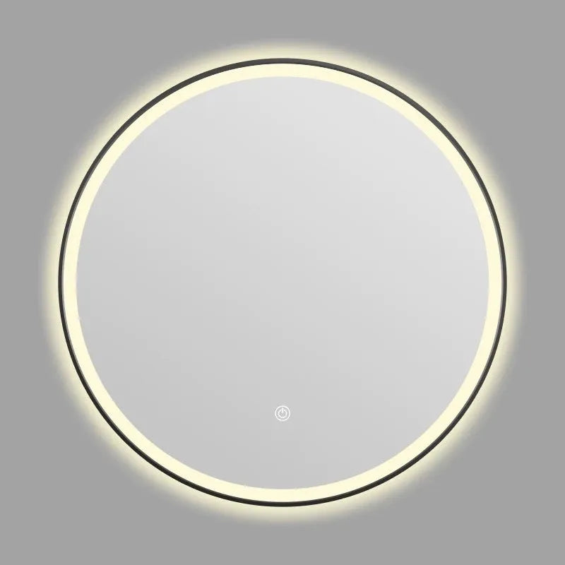 Round wall-mounted smart bathroom mirror with black aluminium alloy frame and touch-controlled LED lighting
