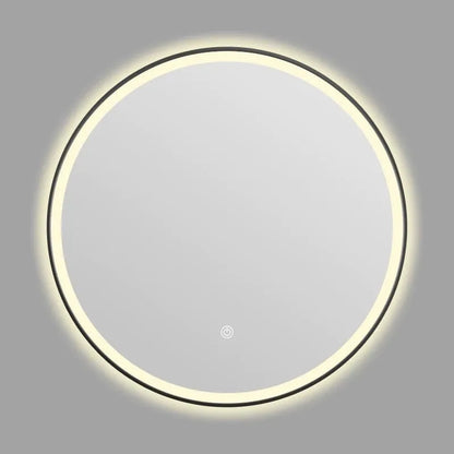 Round wall-mounted smart bathroom mirror with black aluminium alloy frame and touch-controlled LED lighting