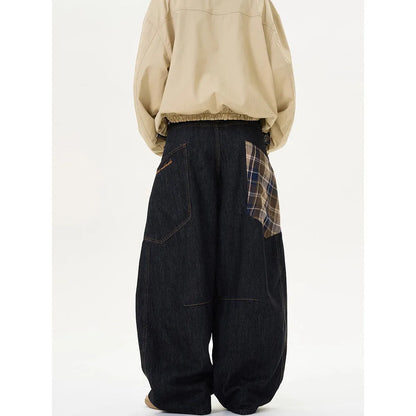 Loose straight-leg trousers in coffee plaid pattern with mid waist design