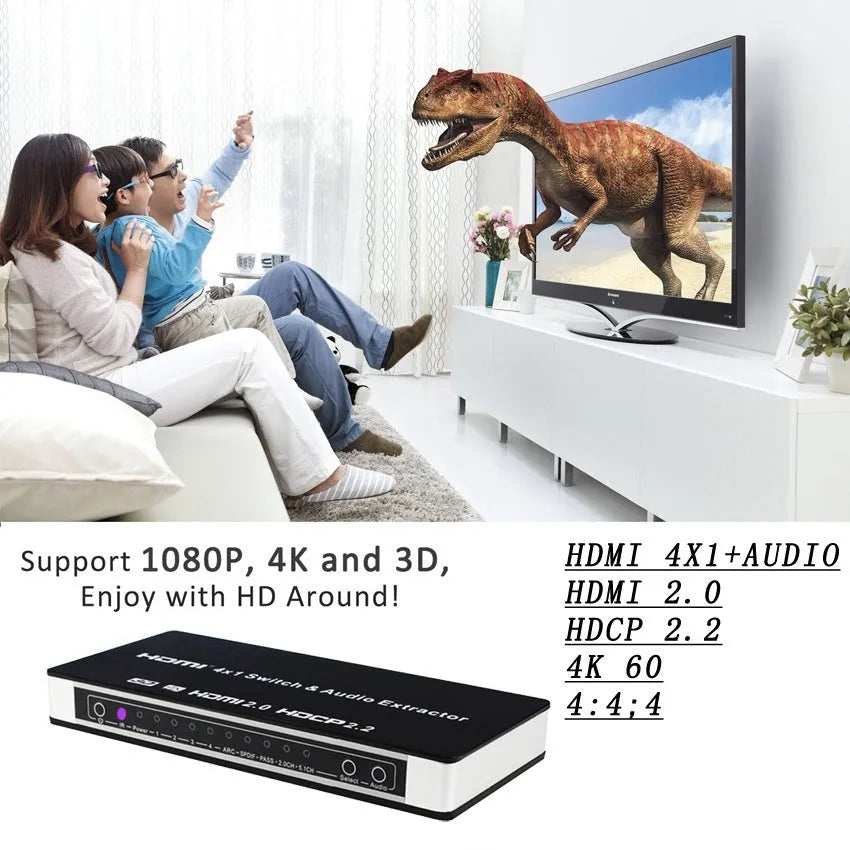 Black HDMI audio-video switch with remote control showing four inputs and one output