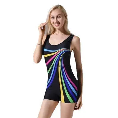 Women's quick-drying one-piece swimsuit in black and blue colour, showing conservative style and sleeveless design for swimming sports