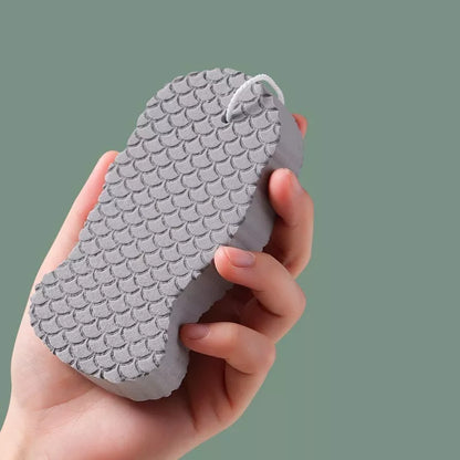 Flexible children's tender skin exfoliating bath sponge in white, pink, blue, and gray