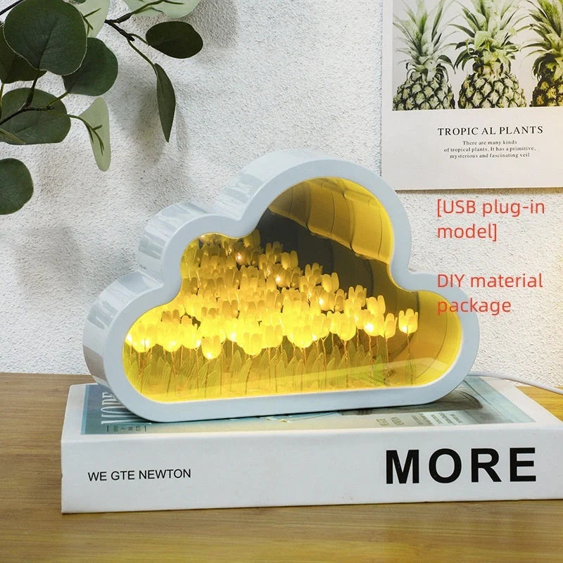 DIY Tulip Night Lamp with LED lights and decorative mirror in pink, purple, and blue