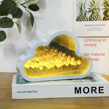 DIY Tulip Night Lamp with LED lights and decorative mirror in pink, purple, and blue