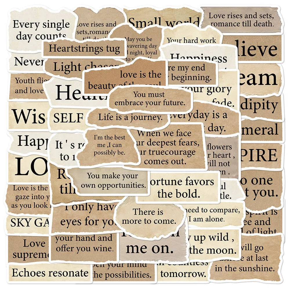 Torn English decorative stickers set showing 25 PVC adhesive stickers in 4-7cm sizes with matte finish