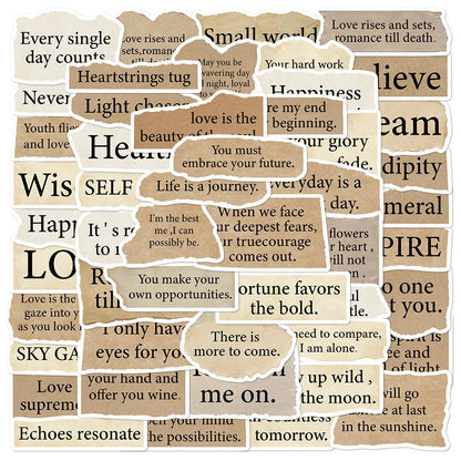Torn English decorative stickers set showing 25 PVC adhesive stickers in 4-7cm sizes with matte finish