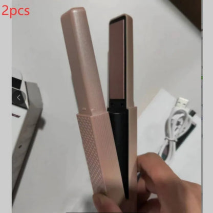 Pink and green cordless USB rechargeable mini hair straightener and curler with ceramic plates