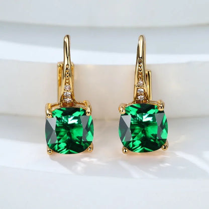 Square geometric ear clips with colourful moissanite inlays and a metallic electroplated finish.