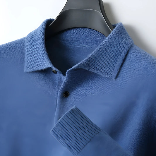 Men's wool sweater with a polo collar and long sleeves, shown in one of seven available colours.
