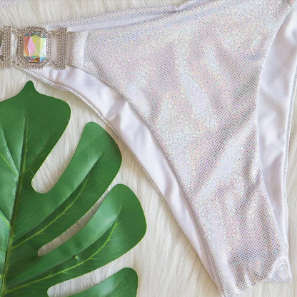 Halter bikini set with adjustable ties and metallic glitter finish in silver, blue, gold, or green