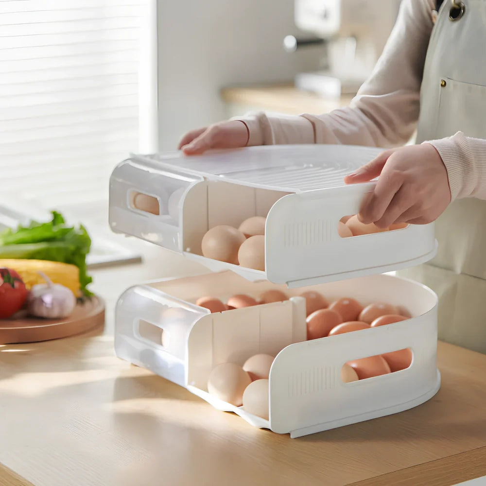 Stackable U-shaped egg storage box with semi-transparent PP construction showing egg compartments