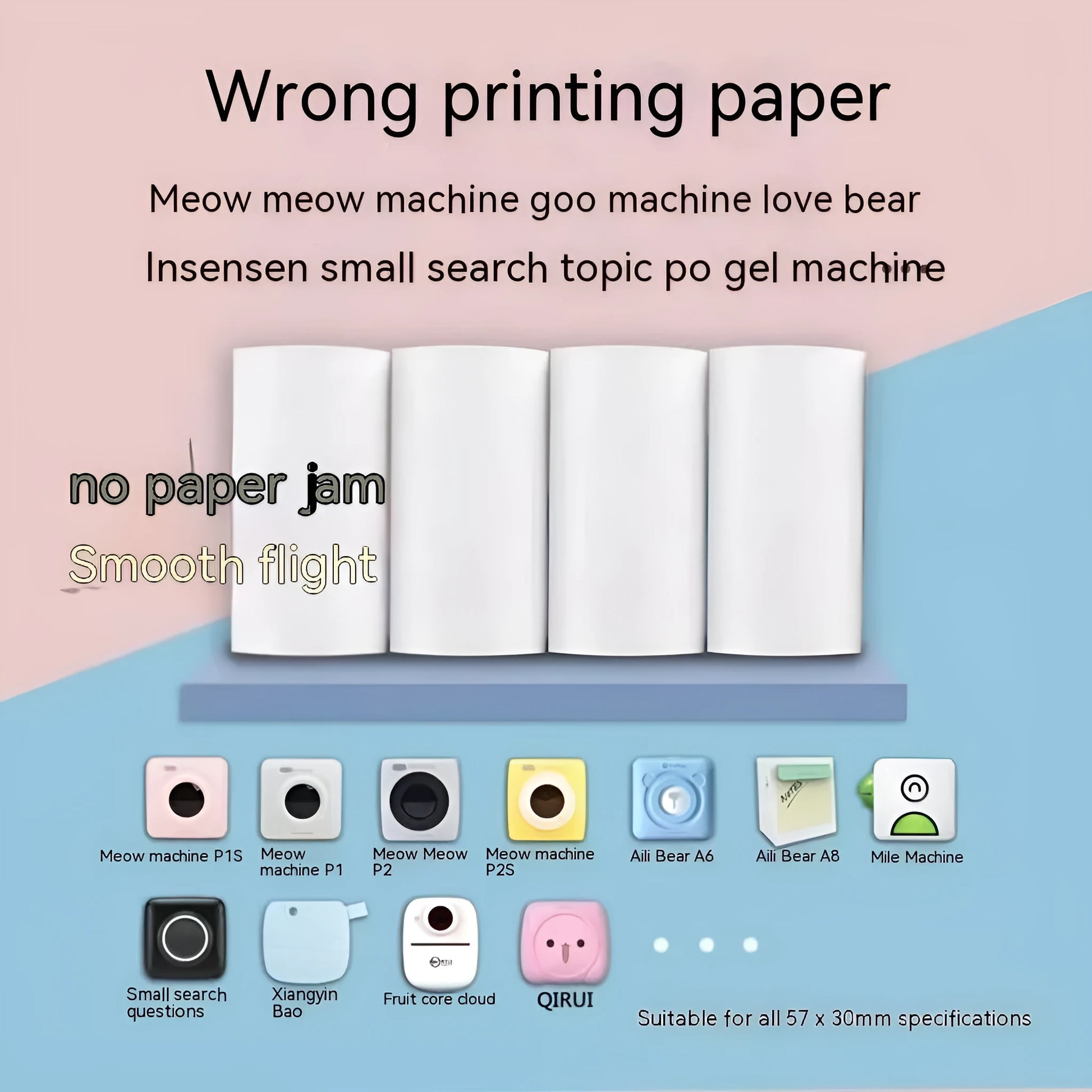 57mm x 30m thermal paper roll for student printers in pink and yellow blue option