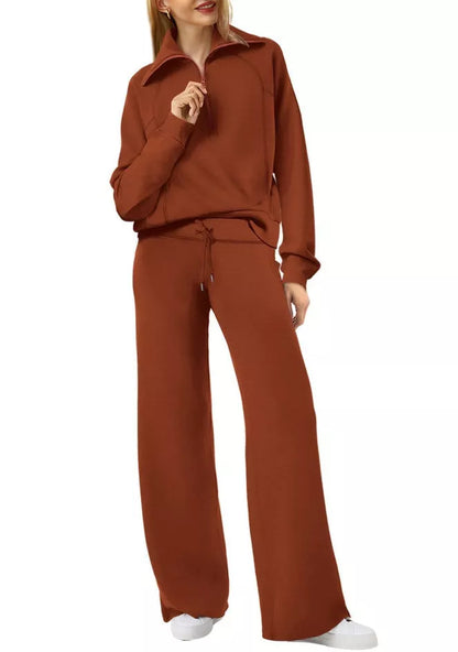 Women's solid color long-sleeved sweater trousers suit in polyester, available in multiple colors