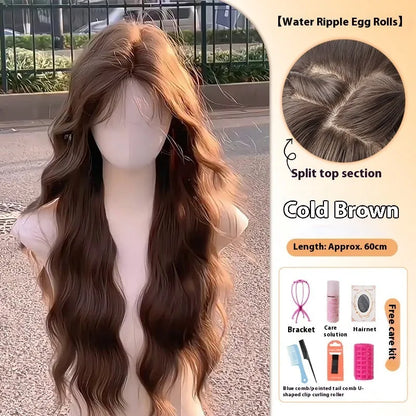 Full head synthetic wig with long curly brown hair and side bangs, made from high temperature fibre.