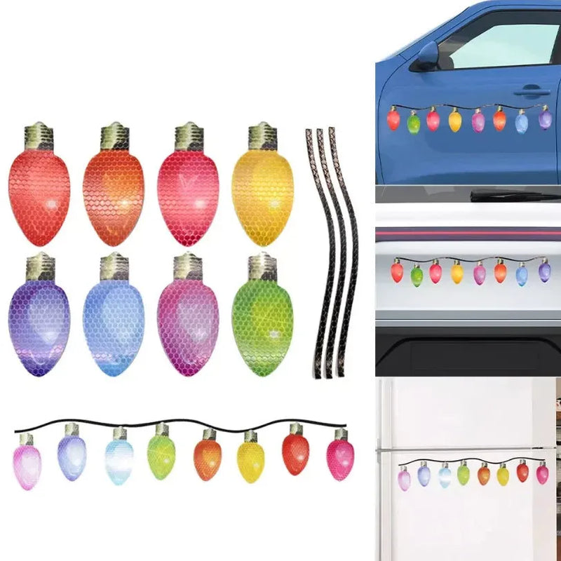 Christmas reflective light bulb magnetic paste set for car refrigerator garage decoration, includes 24 bulb stickers and 12 wire stickers with 0.5mm magnetic backing, white honeycomb reflective material construction