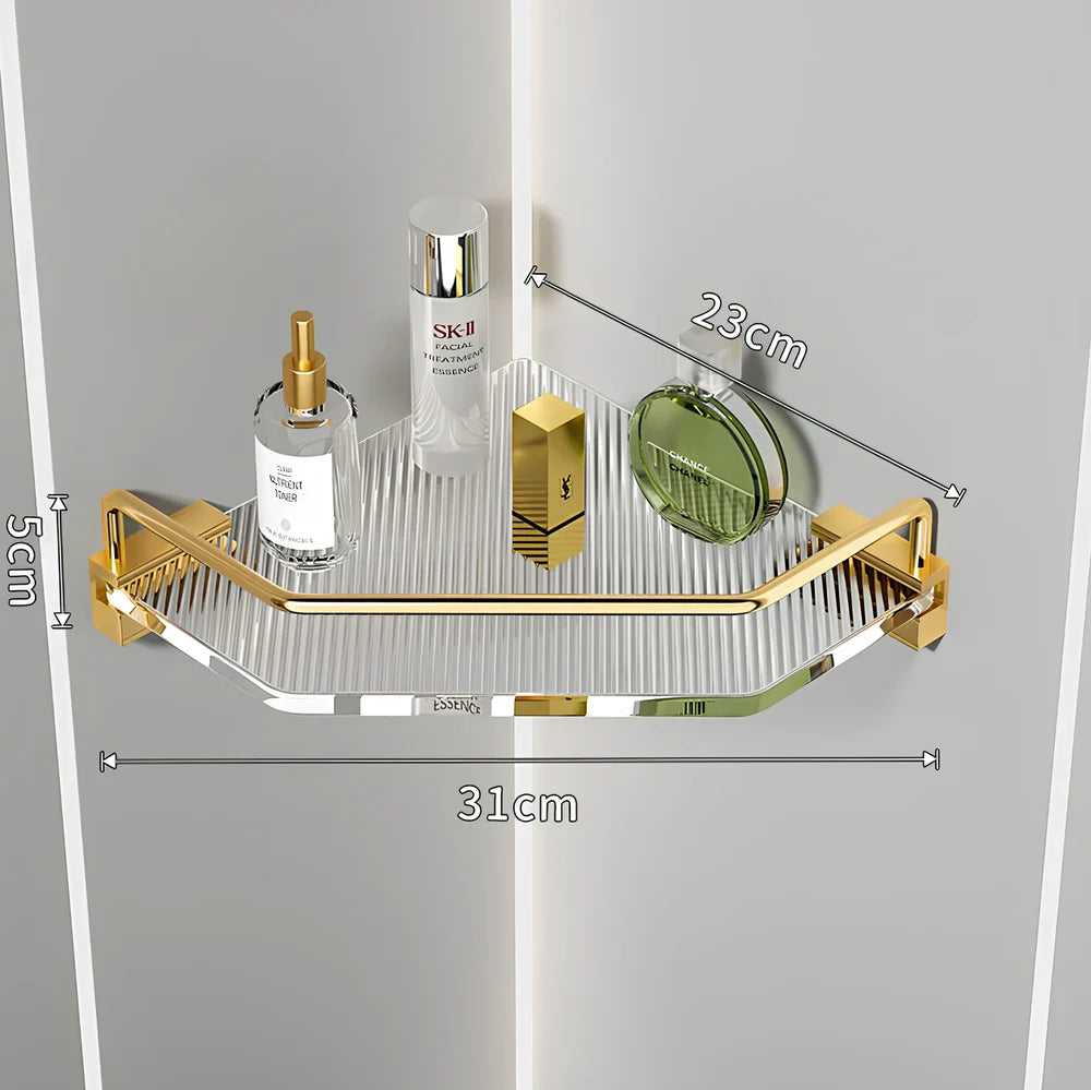 Acrylic bathroom shelving unit with space aluminium frame in gold finish showing three-tier configuration