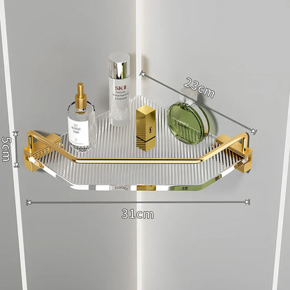 Acrylic bathroom shelving unit with space aluminium frame in gold finish showing three-tier configuration