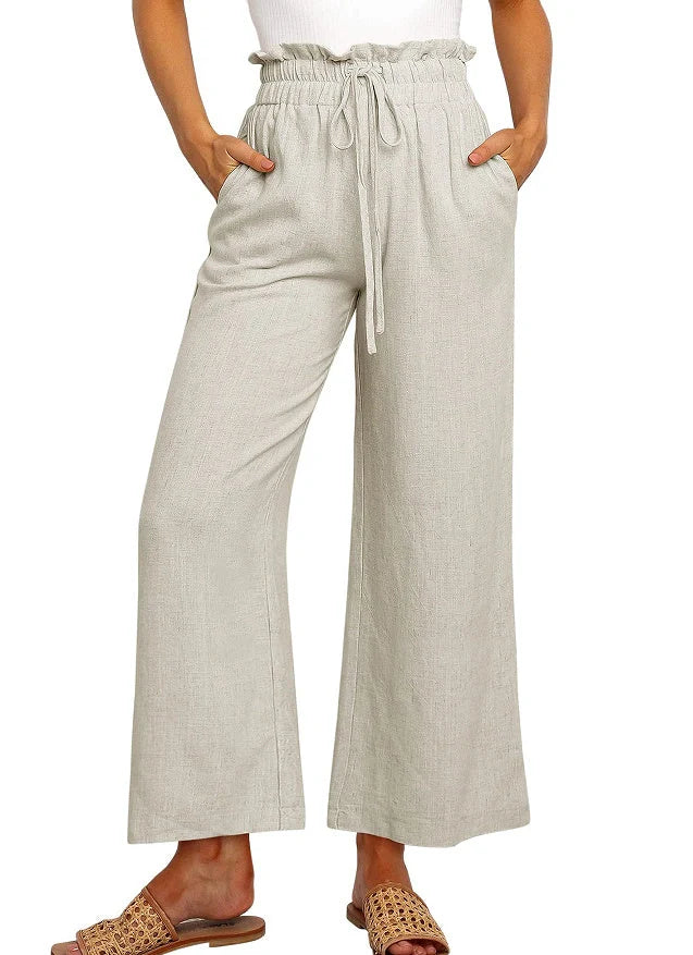 Elastic waistband lace-up wide leg cropped pants in solid colors, showcasing versatile style and comfort
