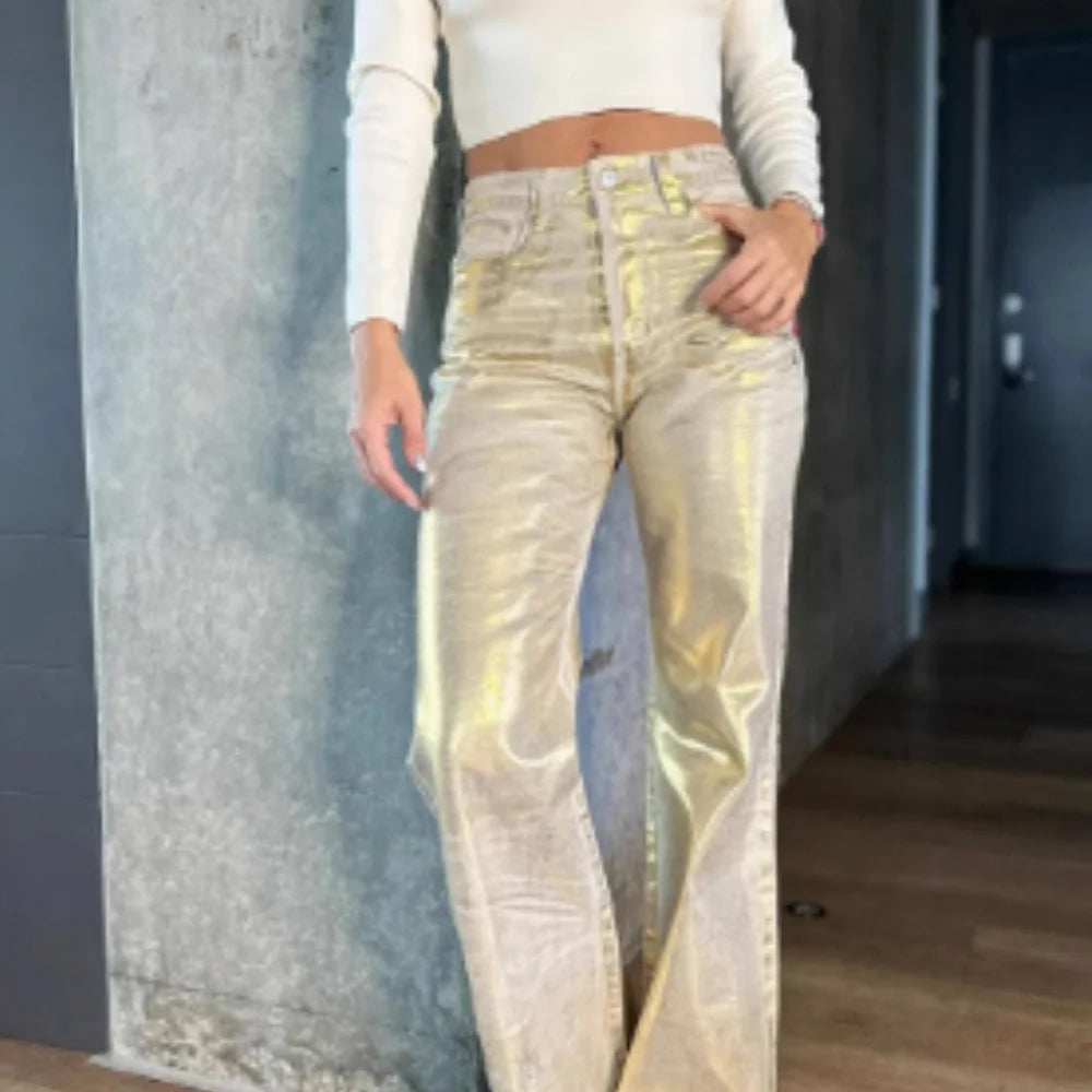 Bronzing design straight-leg cotton jeans in gold colour with straight cut for spring summer wear