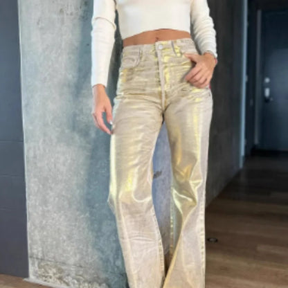 Bronzing design straight-leg cotton jeans in gold colour with straight cut for spring summer wear