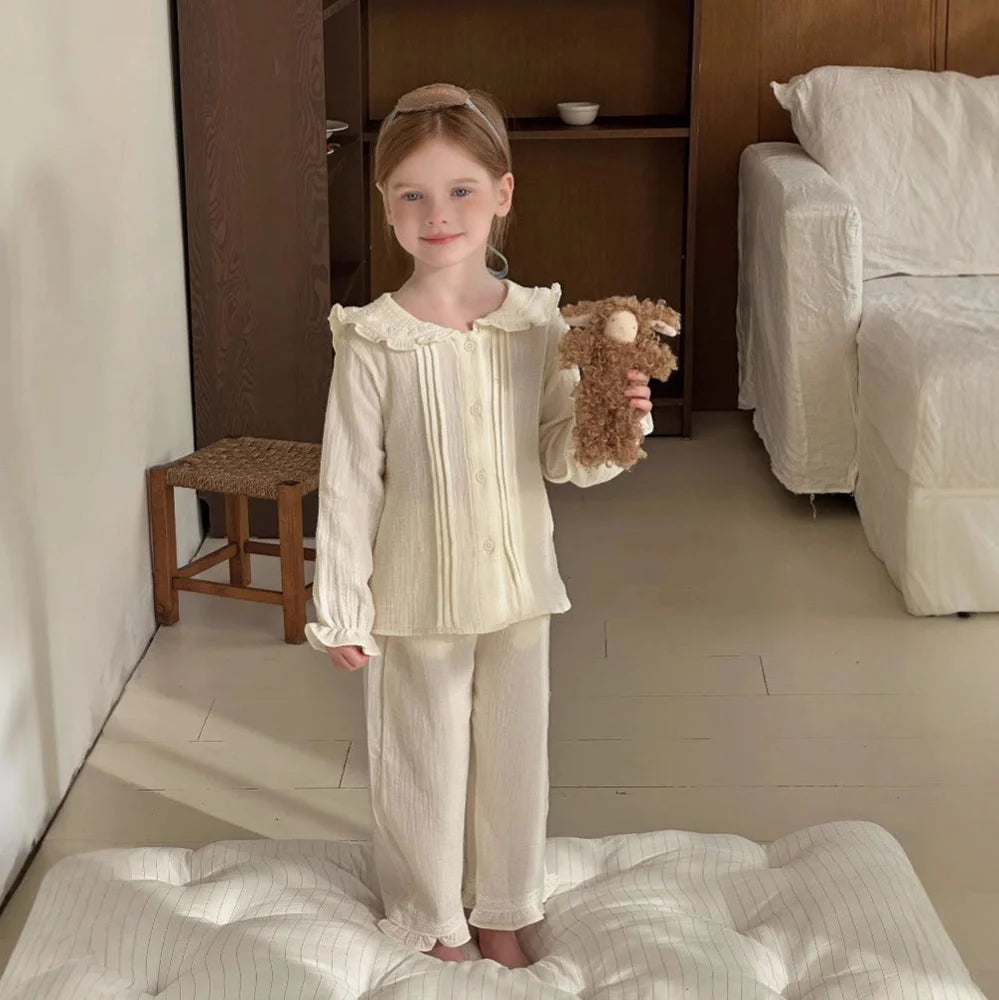 Girls' long sleeve two-piece home wear set in cotton gauze fabric with solid colour design