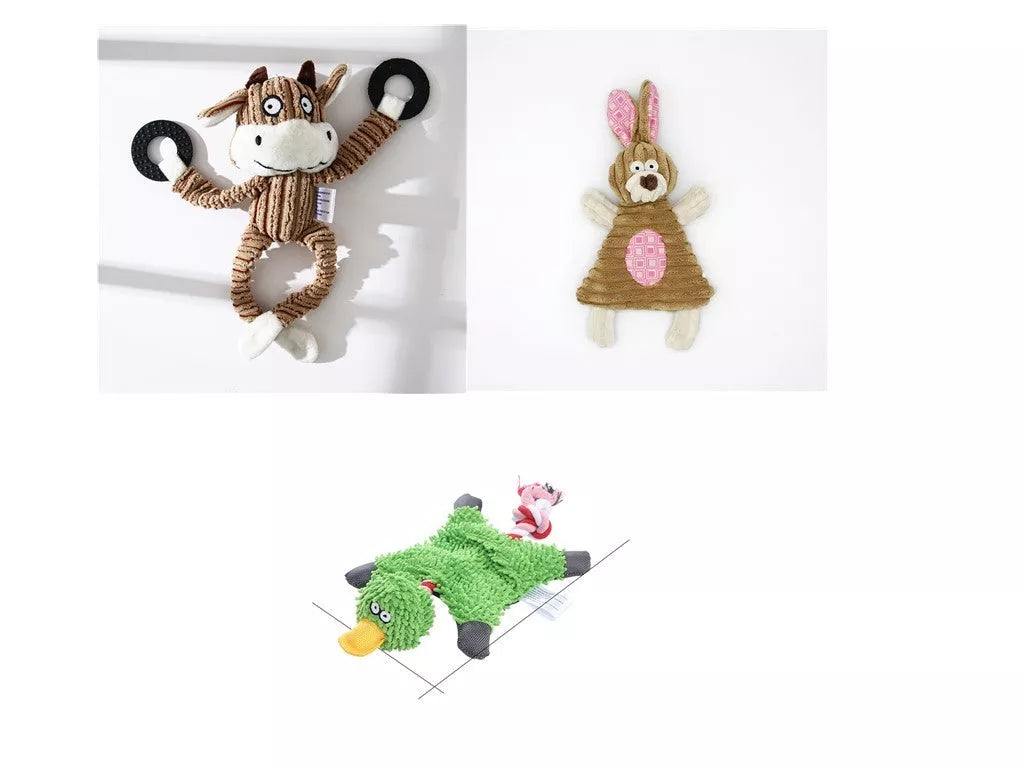 Donkey-shaped corduroy chew toy for dogs with squeaker, available in white, brown, and gray