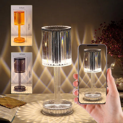 Crystal table lamp with K9 crystal shade and touch dimmable LED lighting on wooden table