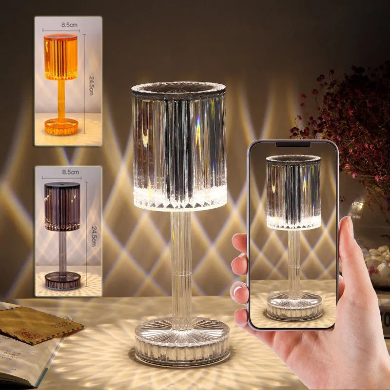 Crystal table lamp for home decor and hotel decoration with 359 K9 crystal lampshade, 3-way touch dimmable LED lighting in warm white, available in plug-in and USB charging models with amber, smoke grey or transparent colour options.