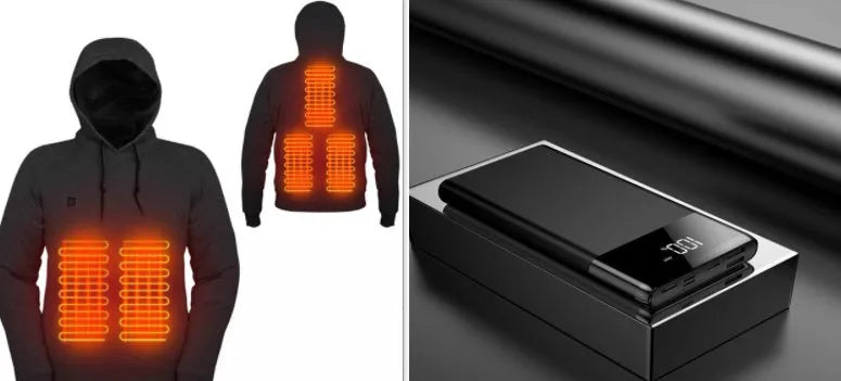 USB heated hoodie in black or grey, polyester, sizes M to 3XL, with included power bank for winter outdoor warmth.